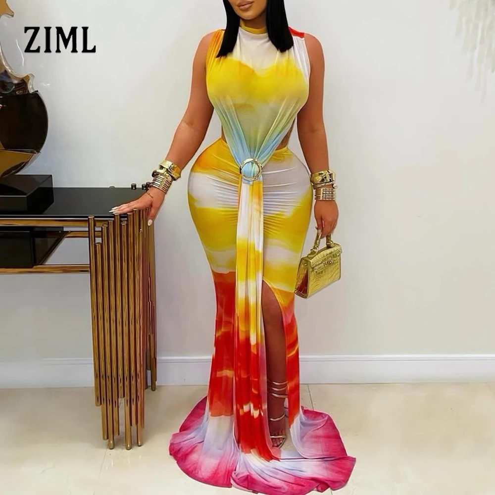 ZIML Hit Color adelgazamiento estampado vestidos calados para mujeres cuello alto sin mangas cintura alta temperamento vestido femenino nuevo