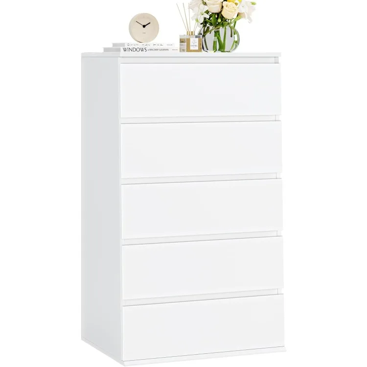 White Dresser, 5 Drawer Dresser Tall White Dresser with Large Storage Space, Modern Storage