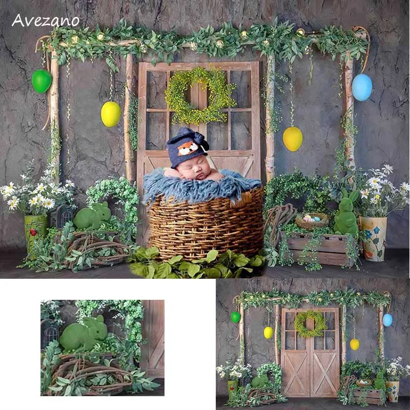 

Avezano Spring Easter Backgrounds for Photography Bunny Rabbit Eggs Grass Wooden Door Child Portrait Backdrop Decor Photo Studio