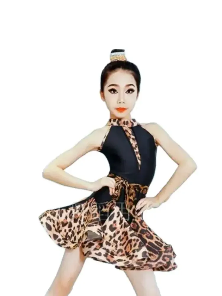 Children Ballroom Stage Performance Costumes Sleeveless latin dress Leopard Print Girls Latin Dance Dress