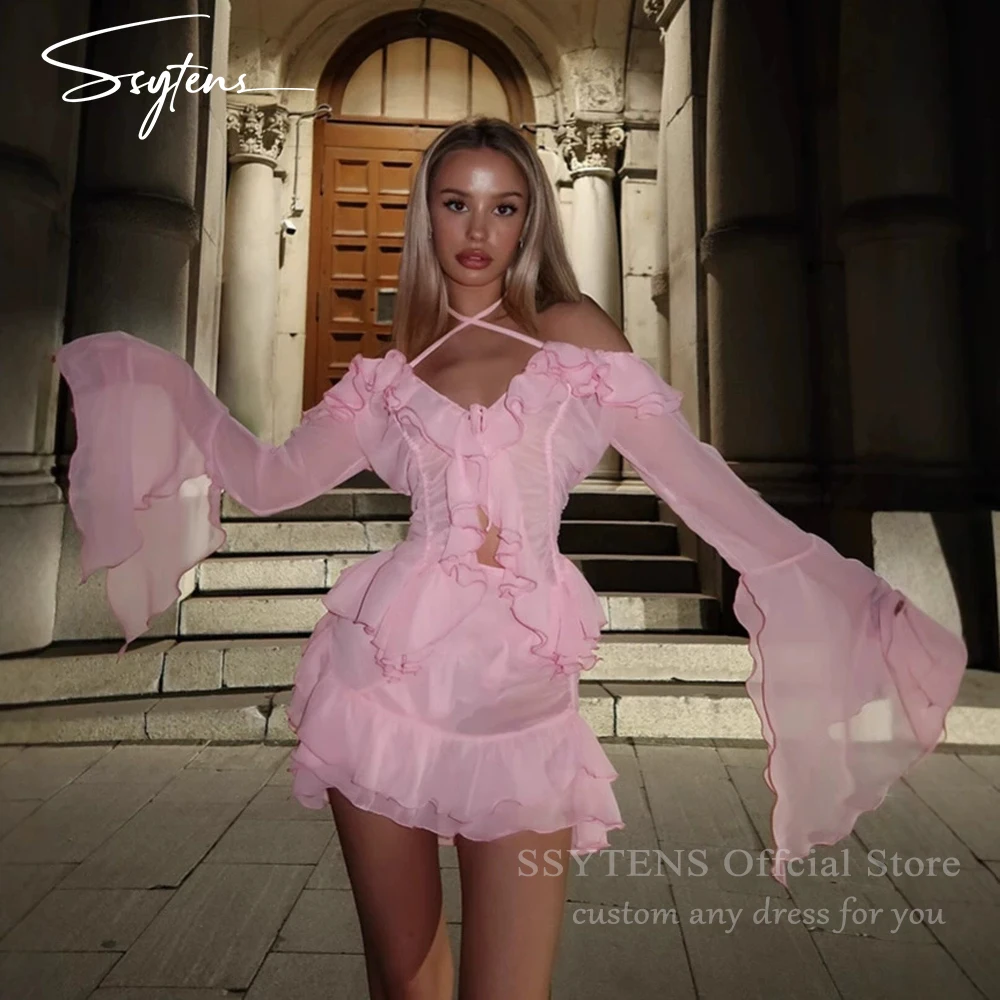 

SSYTENS Pink Ruched Prom Dresses Sexy Chiffon Beach Evening Dress Mini Handmade Sets Off Shoulder Celebrity Dresses Customized