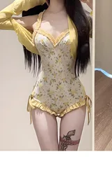 sexy Korean fashion yellow floral print push up swimsuit two pieces with cover smock tie bodysuits culottes bikinis swimwear