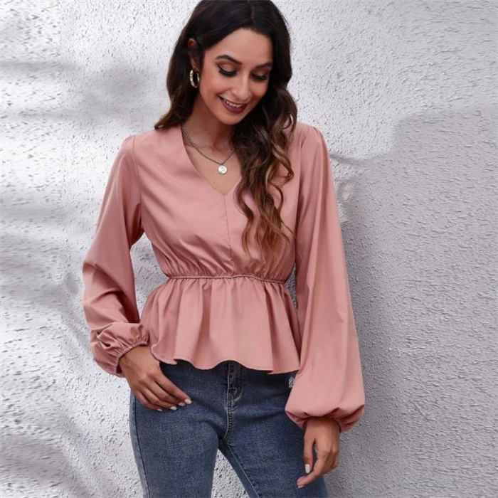 

Faionable Color Chiffon Blouse Waist-Cinching V-Ne Long Sve Women's Top Street Sle Spring 2023 Lantern Sve