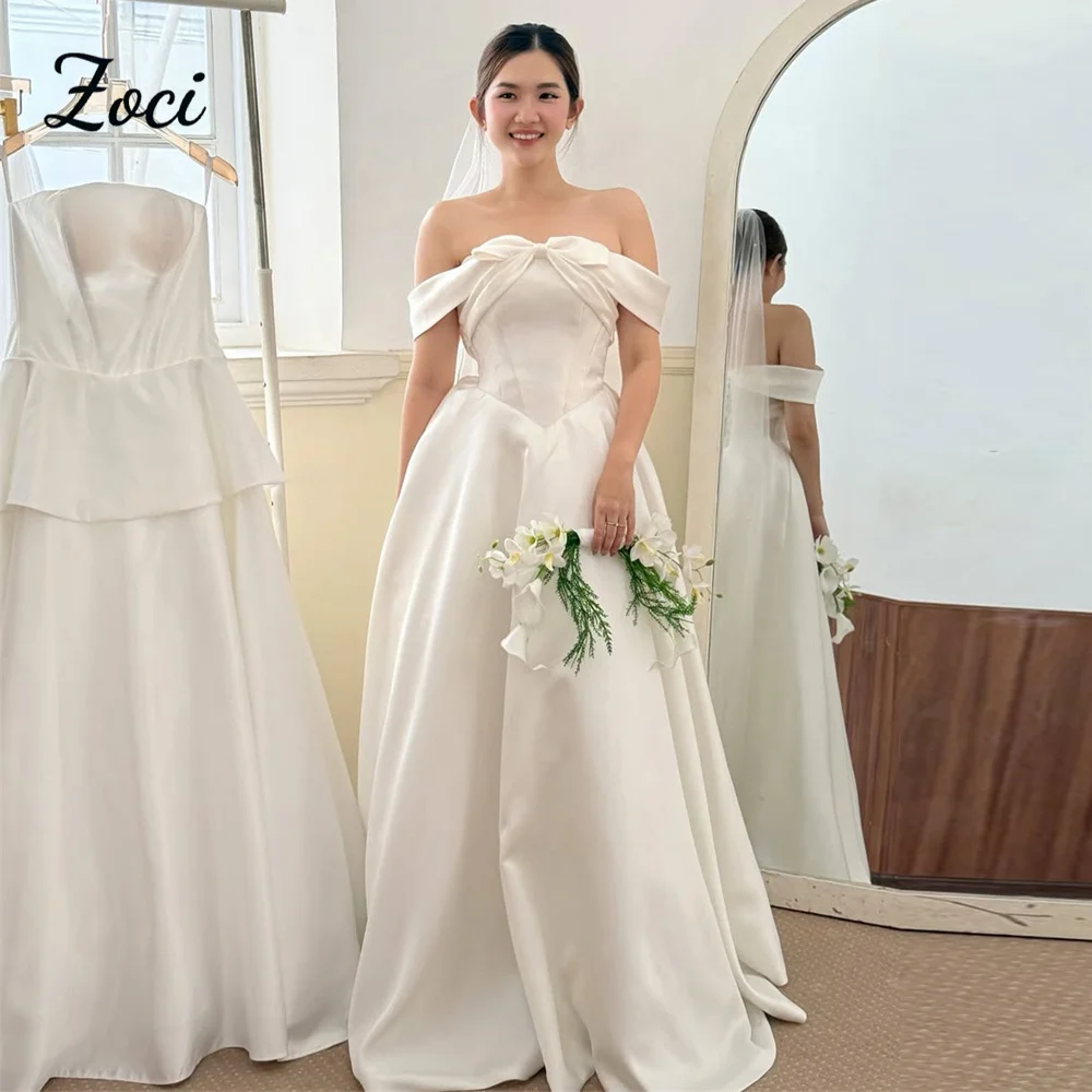

Свадебное платье Zoci с открытыми плечами, корейский стиль, атласное, вечернее, в пол, А-силуэт, с бантом, простое, на заказ