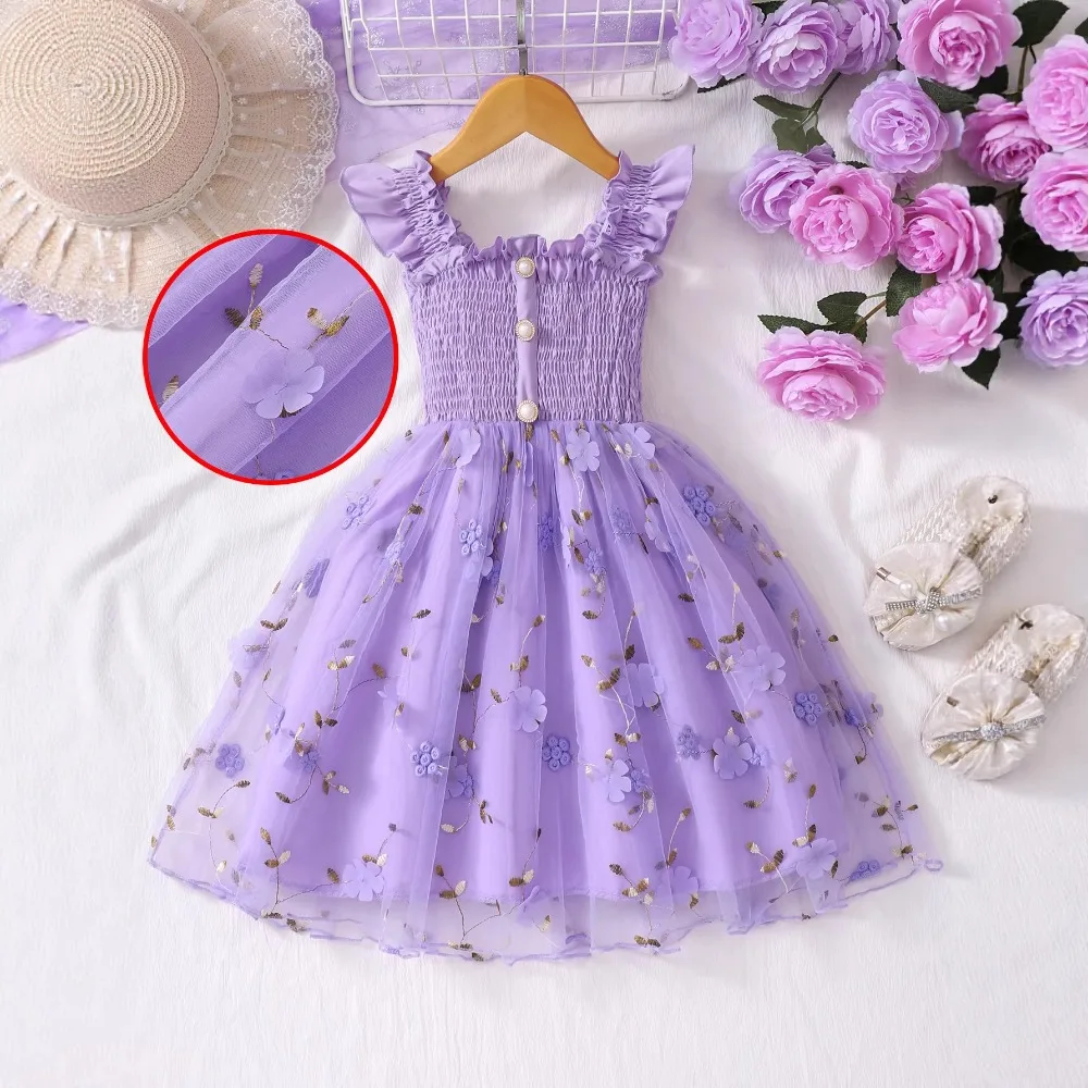 Smocked Spaghetti Strap Dress for Girls Mesh Splicing Flared Dress for Small & Medium Kids for 4-7Y