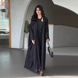 Uni Fashion Fuzzy Trim Patchwork Open Abaya Dubai Solid Chic Sequins Long Sleeves Muslim Elegant Women Evening Dress 2024