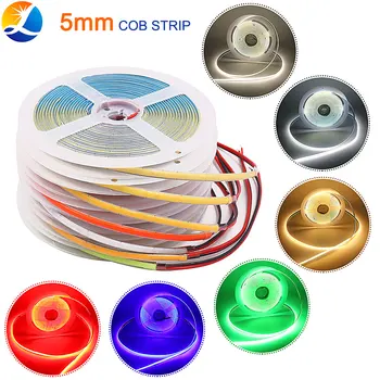 Tira de luces LED COB Superfina y estrecha, 12V, 24V, RA90, 5mm de ancho, cadena FOB, blanco frío Natural cálido para iluminación de decoración