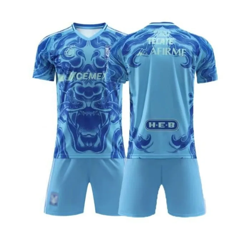 

Mexico Tigres Style Special Edition Soccer Jersey Set Men Women Kids Short Sleeve Football Kit Blue Tiger Print S-4XL
