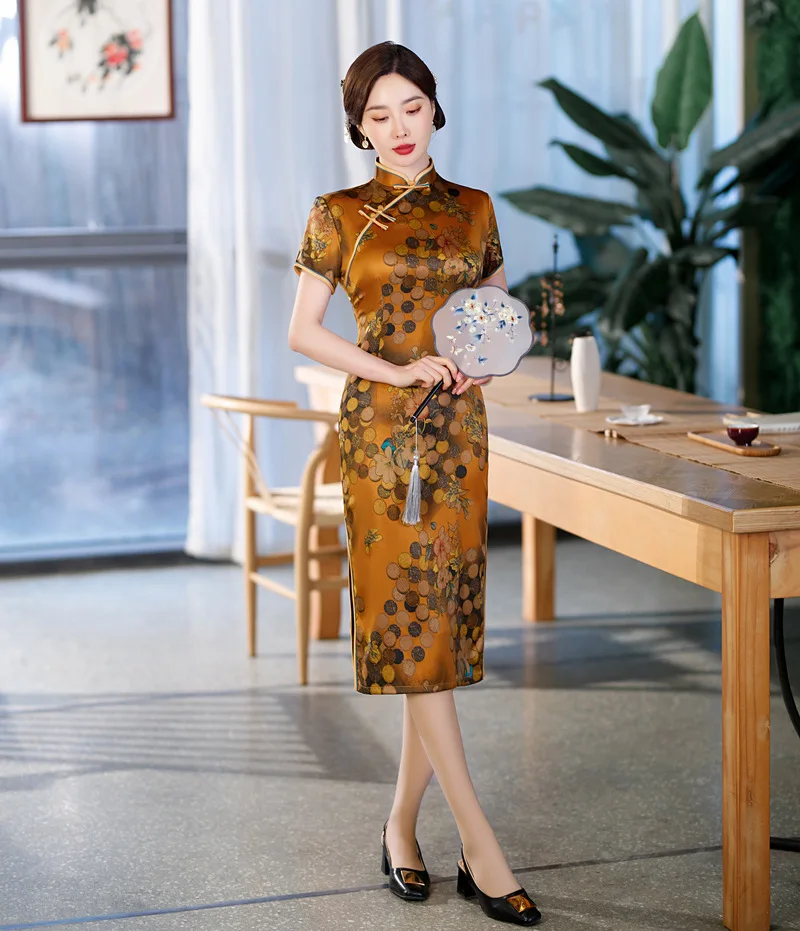 

Vintage Chinese Women's Satin Yellow Floral Print Cheongsam Summer High Split Qipao Dress