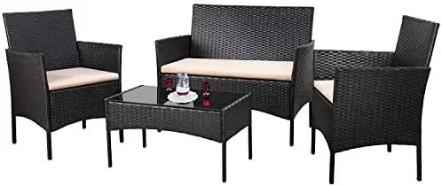 4 Pieces Rattan Patio Furniture Set, Outdoor Indoor Use (Black Beige)