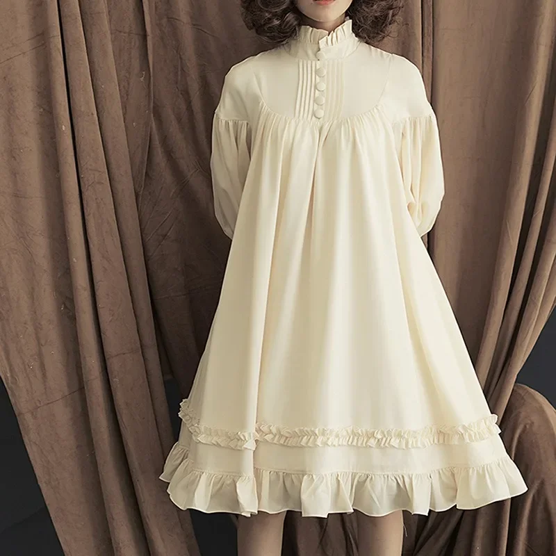 

Lantern Sleeve Decorative Lolita Dress Trend Japanese Maid Cos Dress Women Long Sleeve Loose Button Lace Lady Cute Kawaii Dress