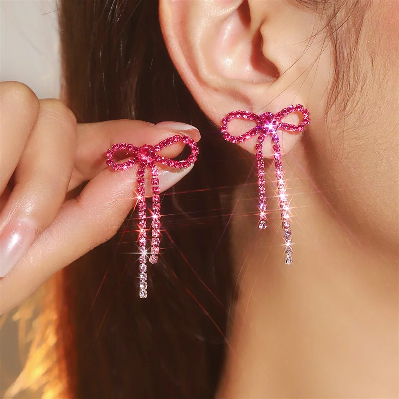 Elegante Strass-Schleifen-Quasten-Ohrringe für Frauen, lebendige, zarte, bunte Kristall-Quasten-Ohrringe, Party-Schmuckzubehör – Detail 8