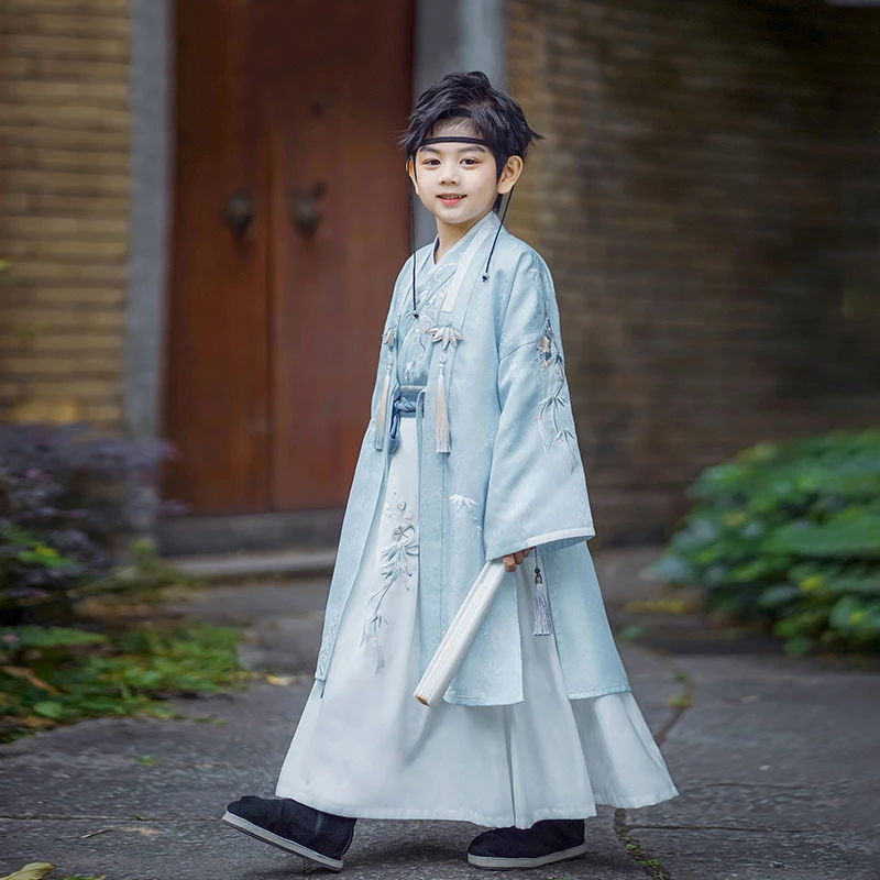 Boys Ancient Chinese Style Bamboo Leaves Embroidery Hanfu Dresses Spring Tang Suit Costumes Children's Performance Outfit