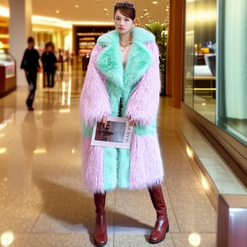 Lady Lilac Faux Fur Coat Lapel Loose Shaggy Outerwear Long Jacket Female Streetwear Women\'s Winter Coats Performance Costume