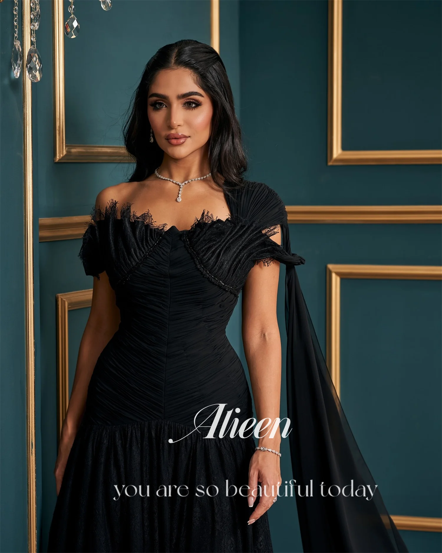 Aileen فسات Mohamedacomة Luxe avondjurken voor dames 2025 Luxe zwarte vestidos de festa zeemeermin op maat gemaakte off-shoulder jurk