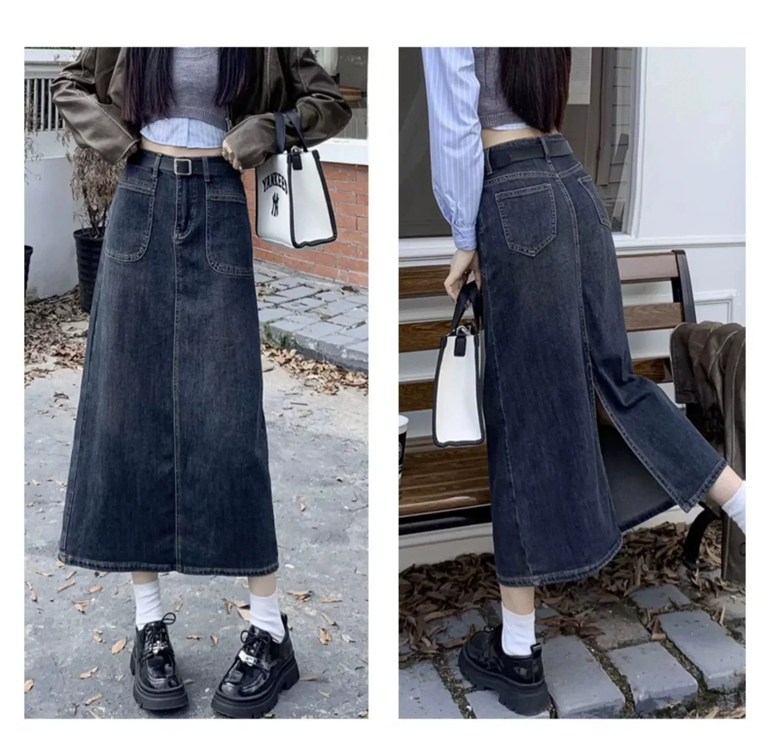 Retro high-waisted denim one-step skirt women\'s 2024 autumn new split-ended slim skirt medium and long A-shaped skirt