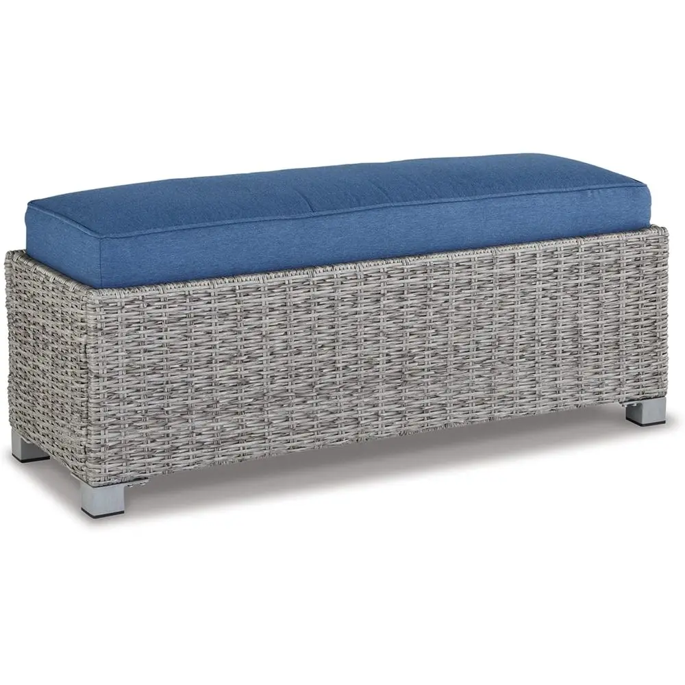 

Casual Outdoor Bench with Cushion, Weather-Resistant Fabric, Light Gray and Blue