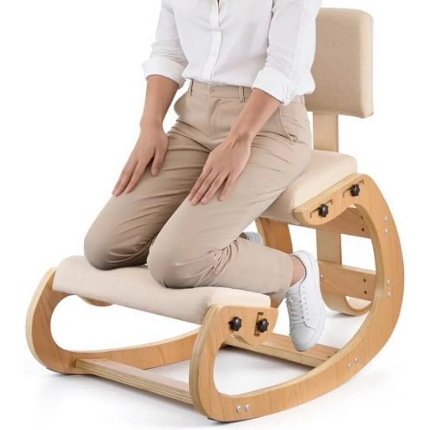 Ergonomic Kneeling Chair, Wooden Posture Knee Chair with Adjustable Thick Foam Cushions, Backrest and Wood Frame