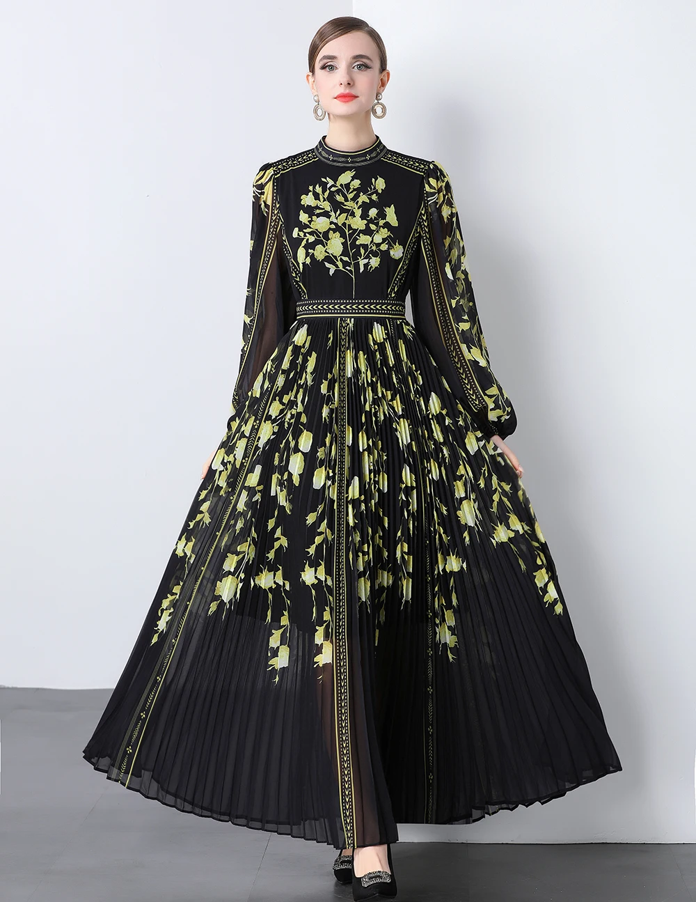 ضرب فساتين الطباعة الملونة للنساء جولة الرقبة أكمام عالية الخصر فستان طويل ماكسي الإناث الصيف أزياء نمط جديد