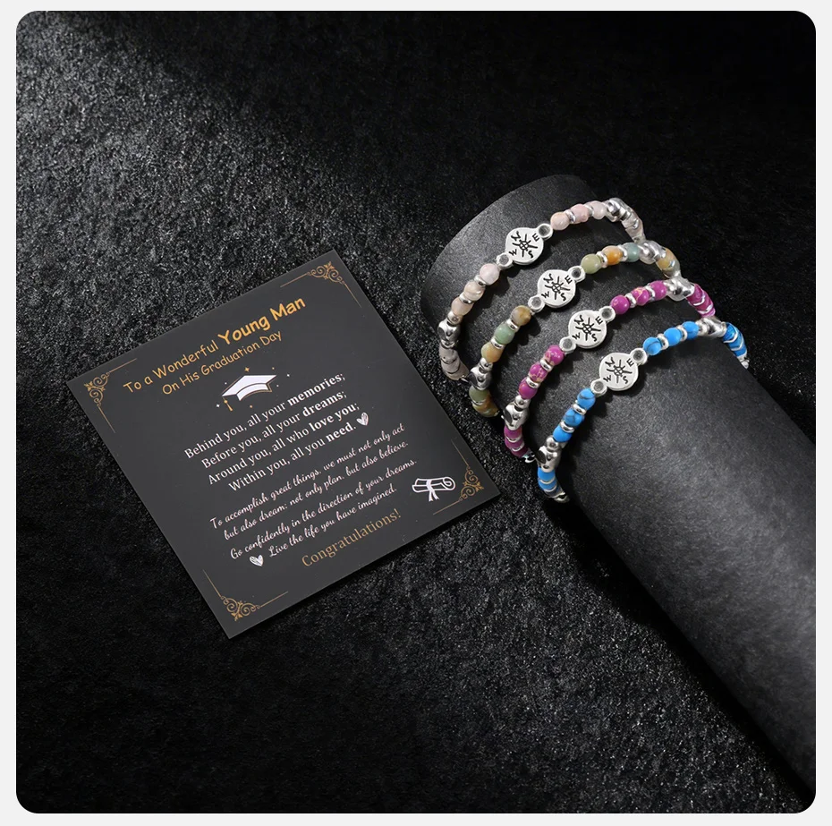 Vnox Kompass-Perlenarmbänder für Männer und Frauen, Türkis Hellblau Rosa Lila Stein Verstellbar 19-24cm, Boho Abschlussgeschenk Neu – Detail 5