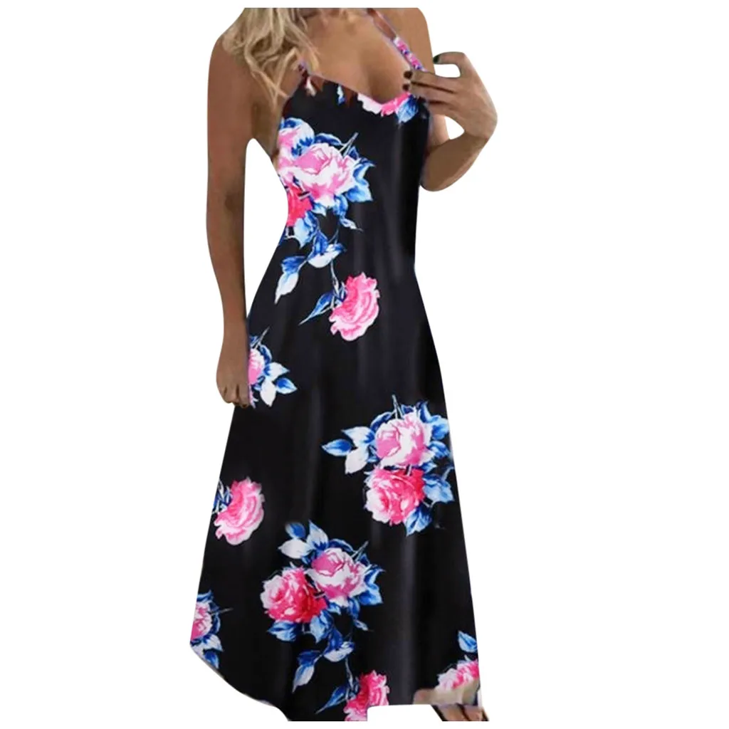 Vestido solto estampado floral para mulheres, sem mangas, vestido maxi dess elegante, gola V, praia boho, moda ao ar livre, verão