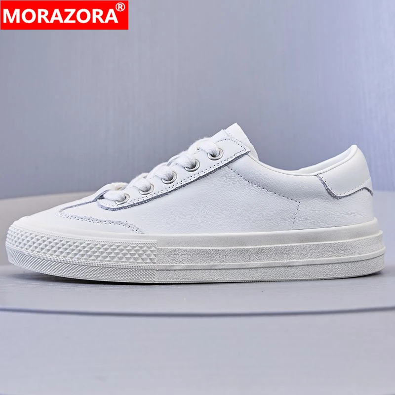 

MORAZORA Women Sneakers Genuine Leather Flats Lace Up Round Toe Platform Flat Shoes Small White Casual Shoes