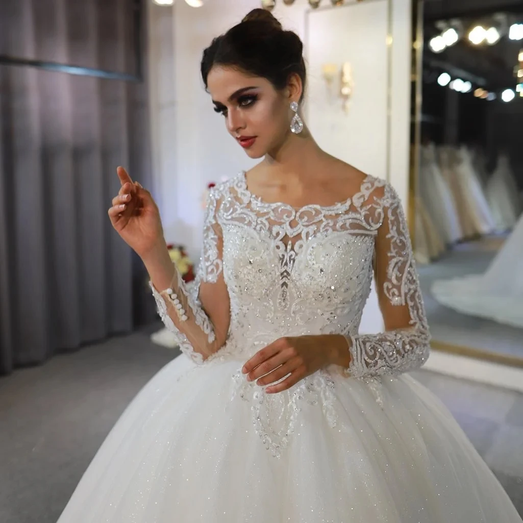 KSDN-Robe de Mariée Luxueuse à Manches sulfet Col Rond, Tenue de Bal en Organza, Ornée de Perles et Cristaux, Convient pour les Soirées Formelles