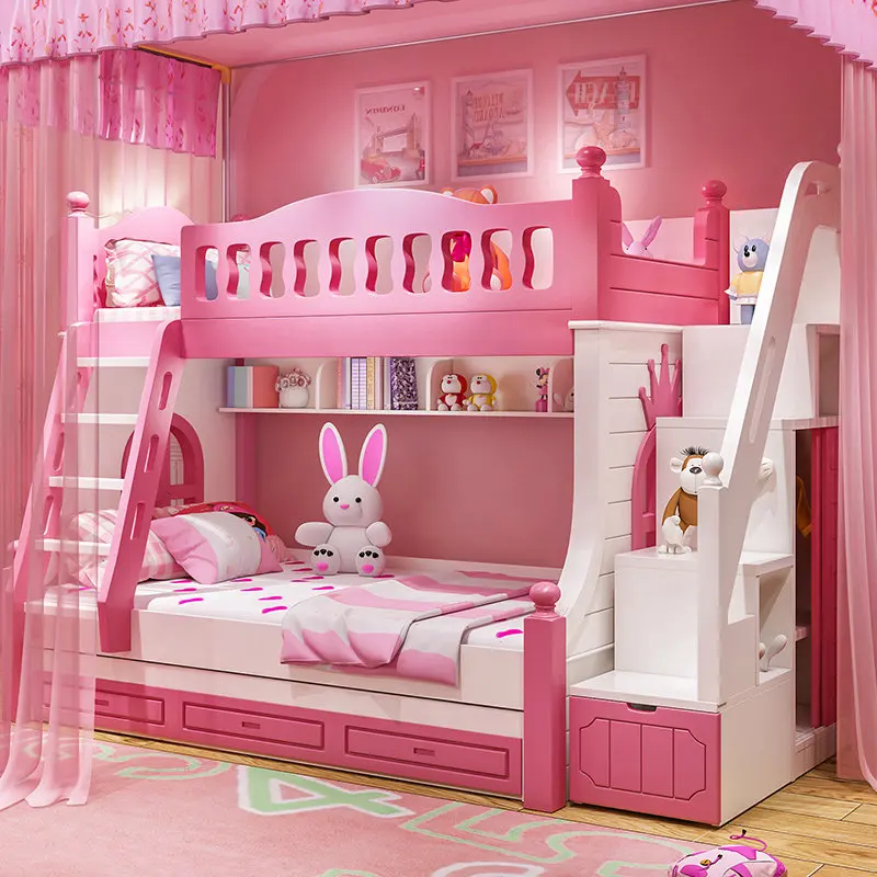 Children's Bunk Bed, Girls' Princess Bed, pink High and Low Bunk Bed, Mother Bed with Slide, Multifunctional Bed