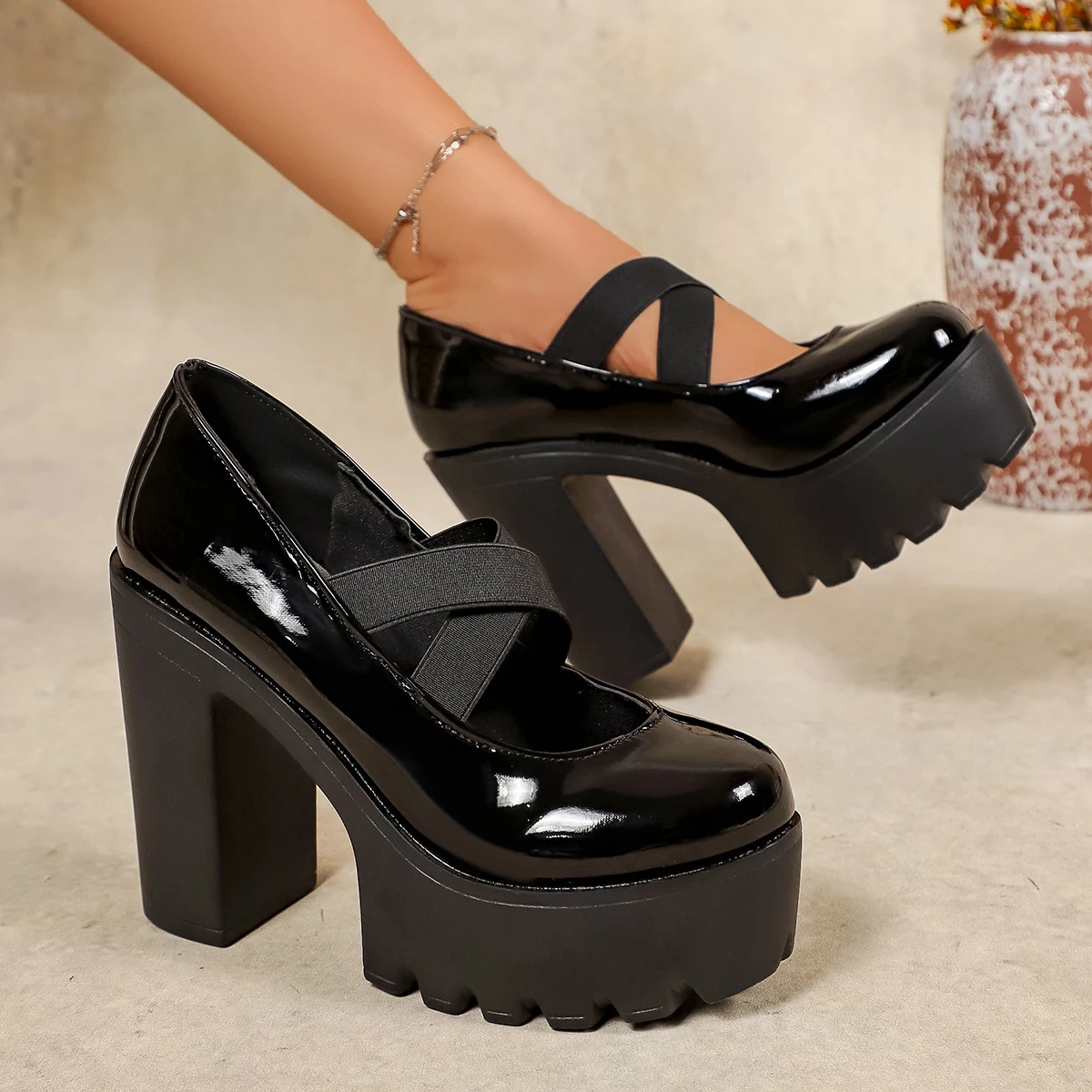 

2026 new Chunky Platform Mary Jane Shoes Women Super High Heels Party Lolita Pumps Woman Patent Leather Punk Goth Shoes Mujer