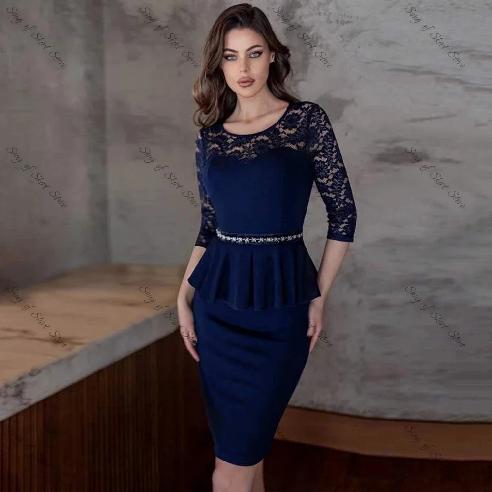 Customized O-Neck Mother Of The Bride Dresses Lace Beading 3/4 Sleeve Knee-Length Navy Blue Sheath Short Wedding Guest Prom Part