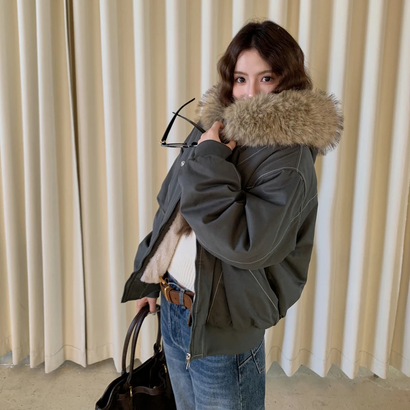 

Autumn Winte Cotton Padded Short Parkas Women Thick Warm Fur Collar Hooded Vintage Jacket Outerwear Female Oversize Casual Coat