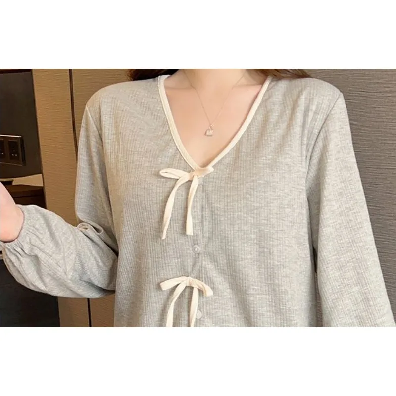 2024 New Spring Autumn Pajamas Women Cotton Long-sleeved Trousers Loungewear Chest Pad Sweet Simple Loose Bow Sleepwear Suit