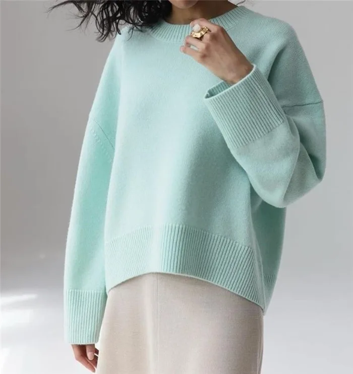 2022 Women Autumn Pullovers O-Neck Long Sleeve Loose Style Sky Blue Color Sweater Knitted Fashion Pullovers Tops