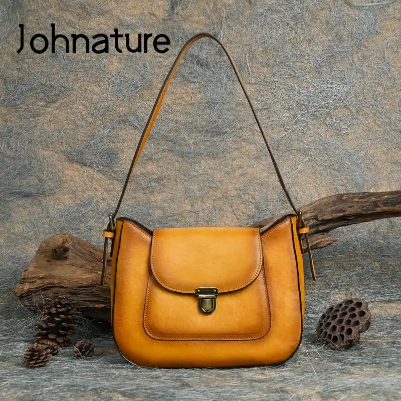 

Johnature Retro Genuine Leather Women Bag 2024 New Real Soft Cowhide Multi Purpose Solid Color Versatile Shoulder Bags