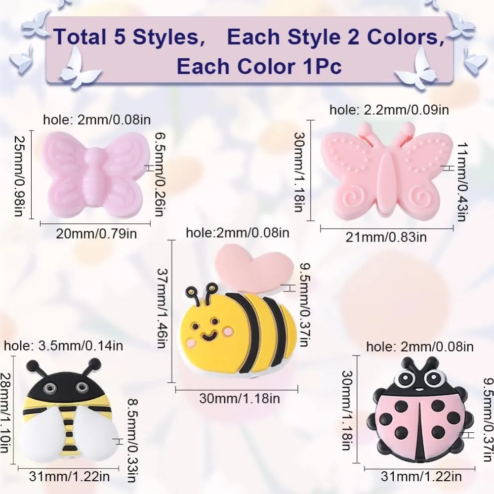 10PCS Animal Silicone Beads Insect Rubber Beads Cute Cartoon Animal Bee Butterfly Ladybugs Loose Spacer Double making kit