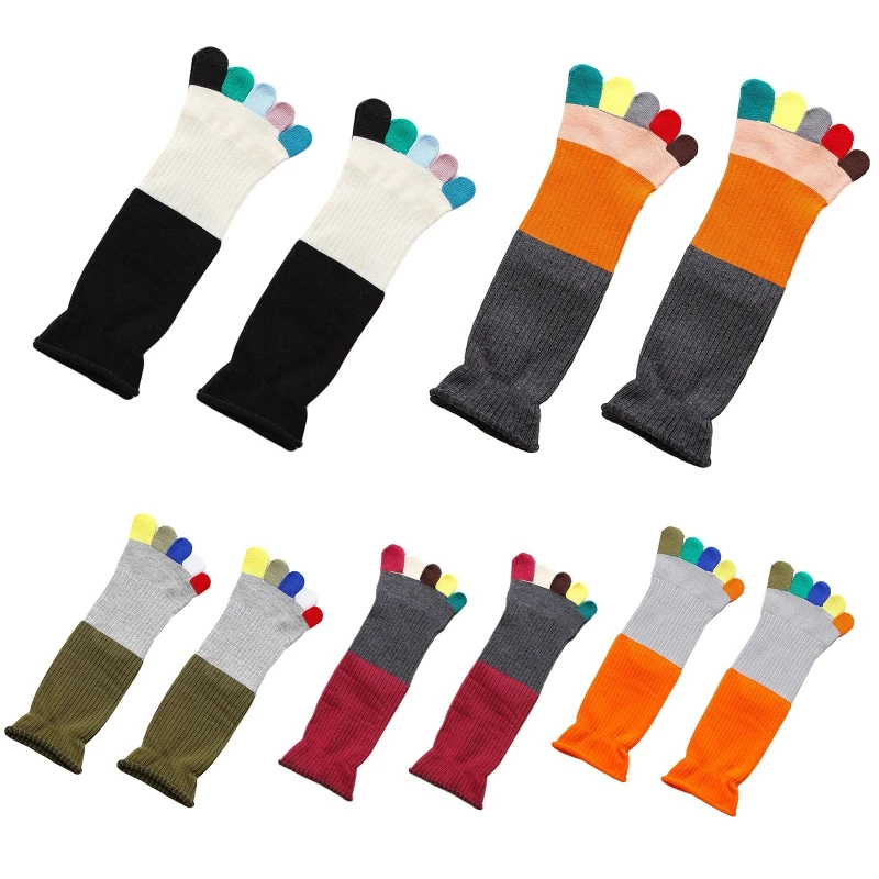 Women Funny Rainbow Colorful Split Toe Socks Harajuku Japanese Contrast Color Patchwork Ribbed Five Finger Hosiery