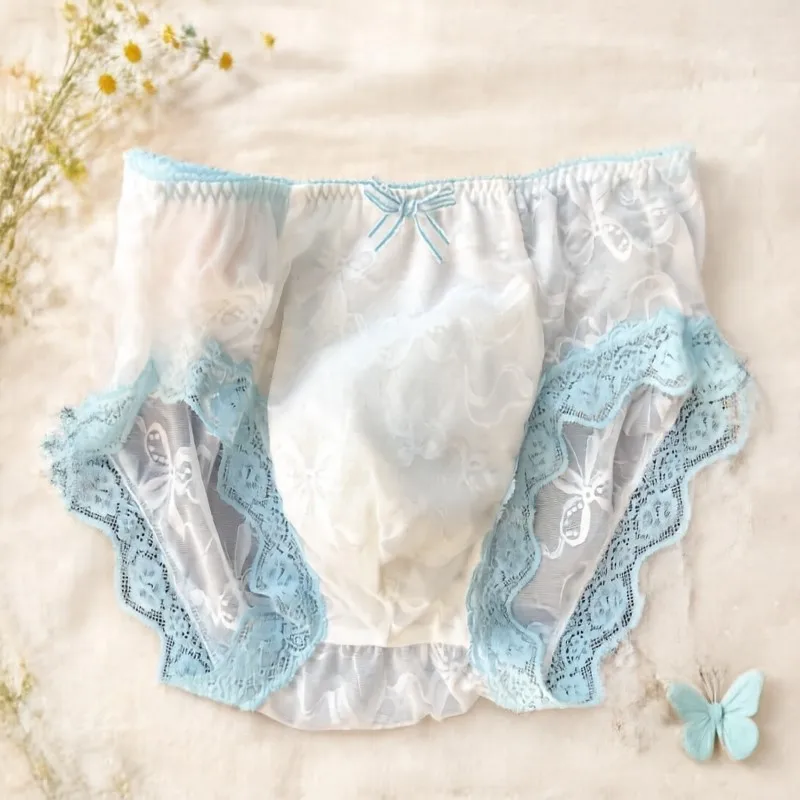 Sexy Lace Trim Mid Waist Underwear Lightweight Semi Transparent Mesh Skin Friendly Breathable Briefs Sissy Soft Party Costumes