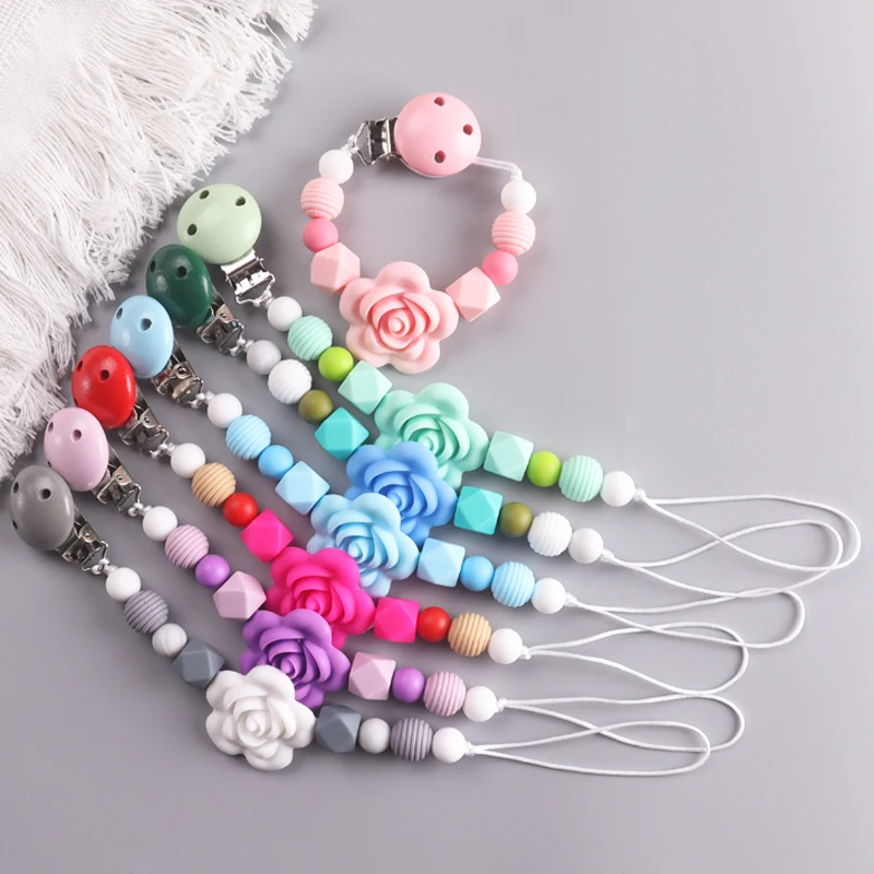 Baby Silicone Flower Pacifier Clip Chain Newborn Dummy Nipple Holder Clips BPA Free Teething Toys Soother Pendant Holder