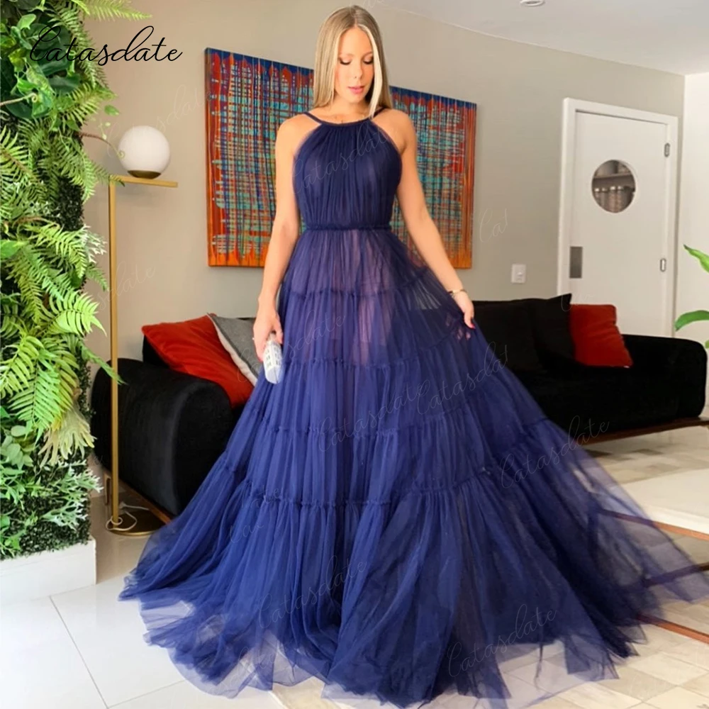 Catasdate Tulle Evening Dress A Line Party Dress for Women Navy Formal Occasion Dress Elegant Wedding Party Dress vestidos