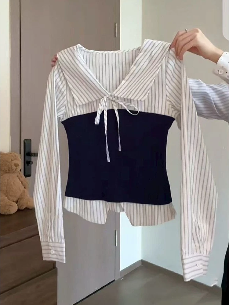 

Модные милые лоскутные полосатые осенние футболки, винтажные повседневные футболки с v-образным вырезом и длинными рукавами, женские милые тонкие корейские стильные футболки
