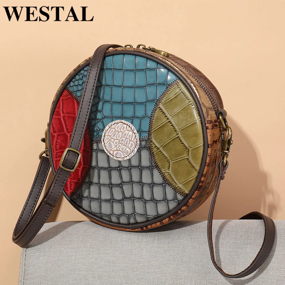 

WESTAL Mini Women's Leather Bags Mix-color Round Design Bag for Women's Shoulder Bag Genuine Leather Small Crossbody Bags Purse