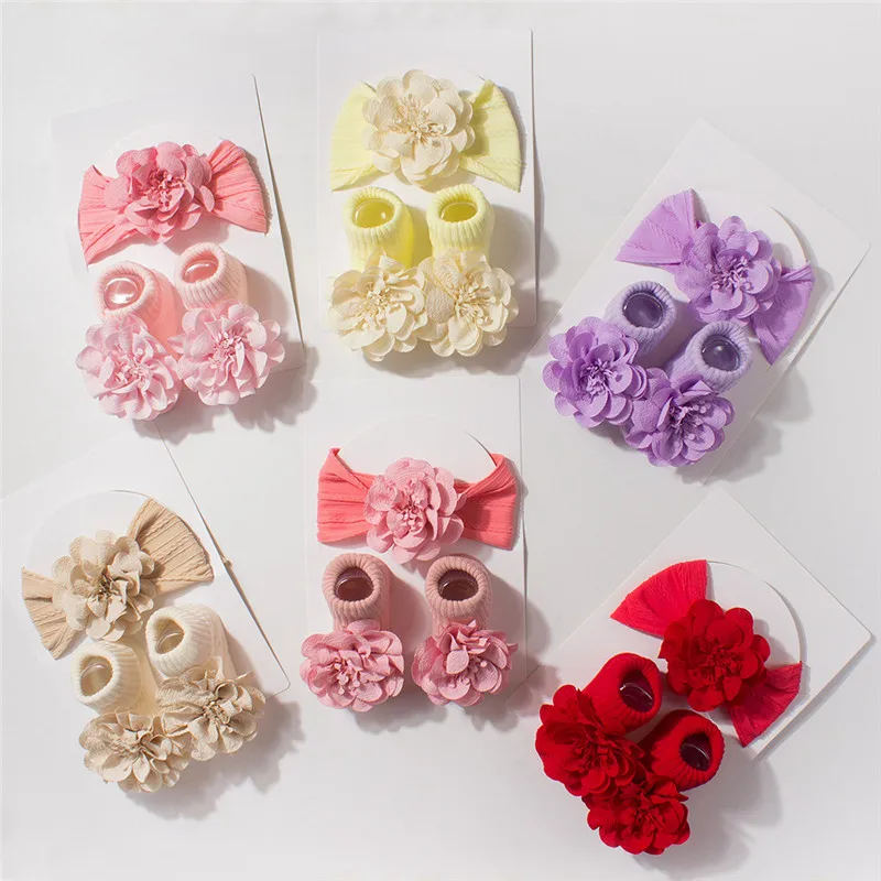 

Baby Flower Headbands Socks Non-slip Anklet Stockings Wide Elastic Hairbands