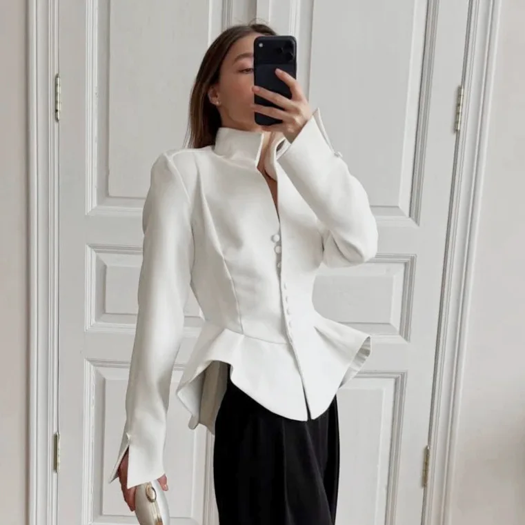 Women Coat Blazer Coats Suits Stand Collar Jackets Vintage Y2k Streetwear Work Tight Waist Slim Fit Elegant Jacket Autumn Winter
