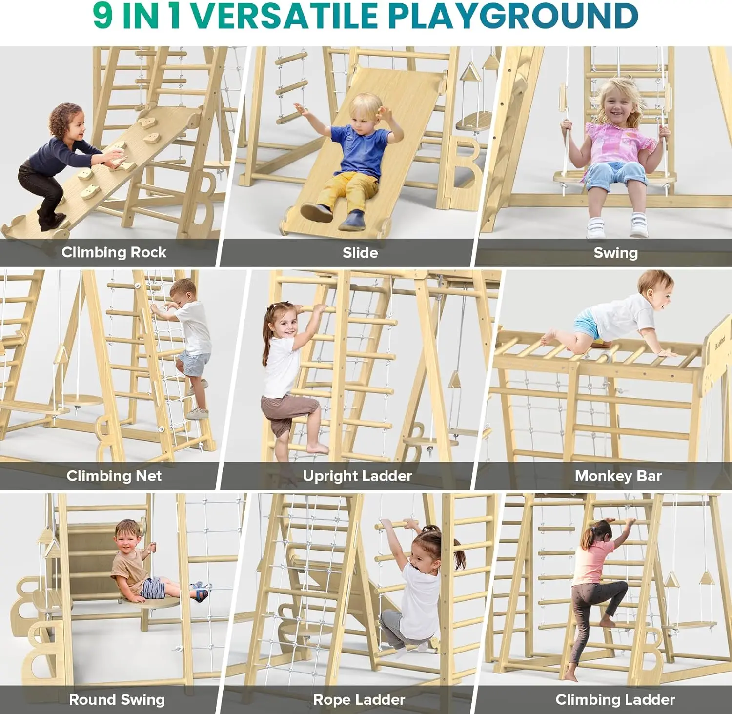 Giocattoli da arrampicata per bambini per parco giochi 9 in 1 per palestra nella giungla interna aggiornata, set da gioco scalatore in legno stile Philosophy Waldorf Montessori con