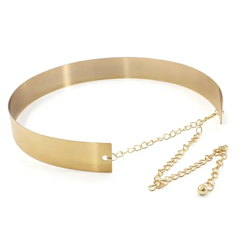 New Women Adjustable Metal Designer Belt Fashion Ladies Dress Luxury Bling Gold Silver Mirror Vintage Waistband with Waist Chain
