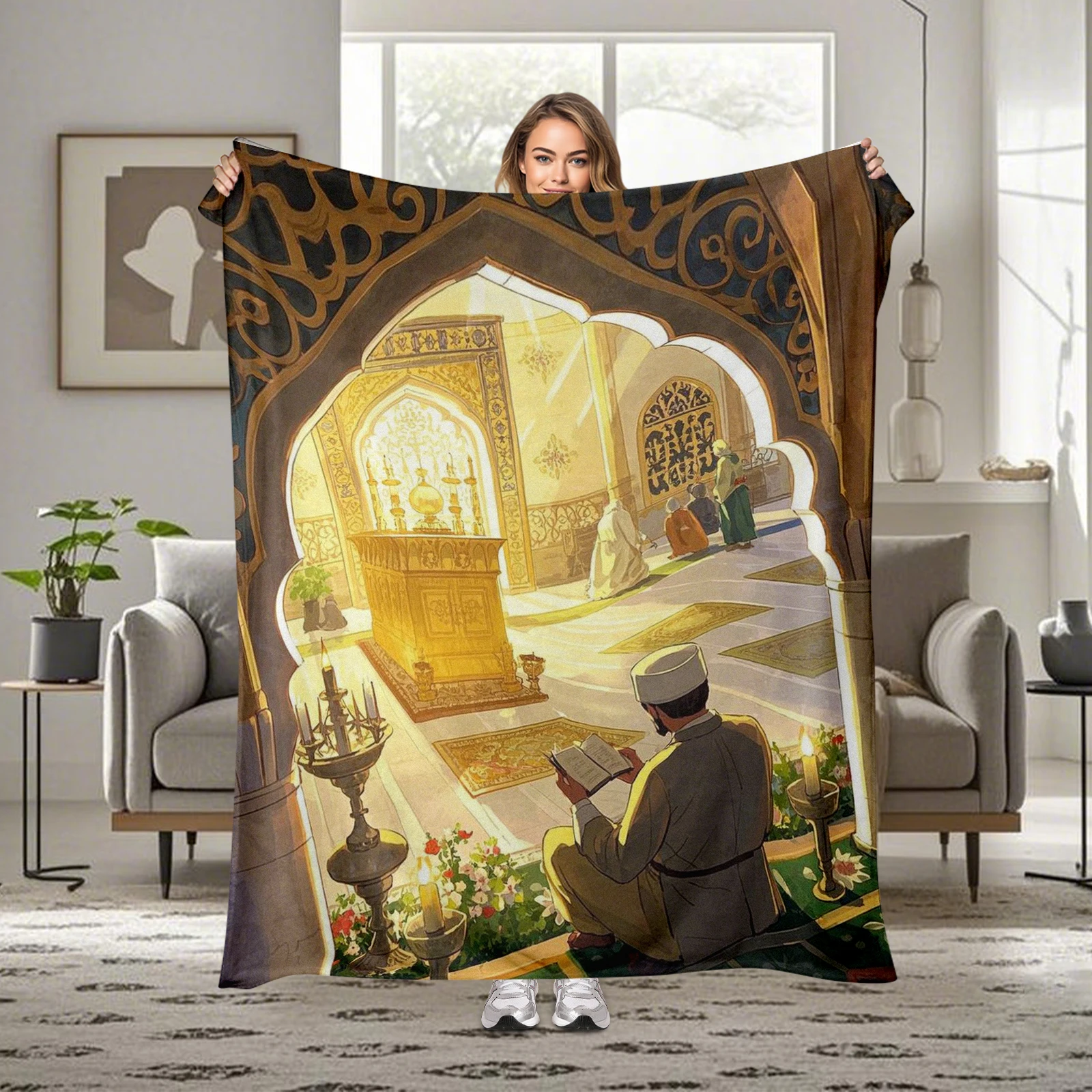 Cartoon Characters Mosque Interior And Prayer Rug Middle Eastern Ramadan Blanket Reverent Design For Loved Ones Kids