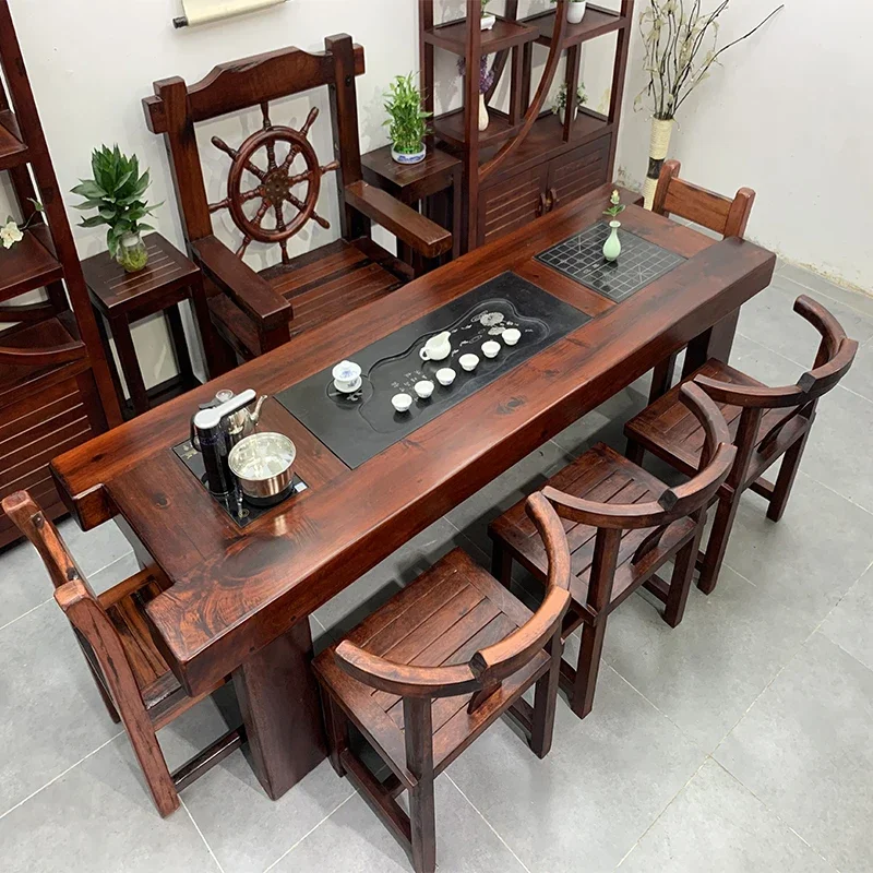 Old Ship Wood Table-Chair Set Furniture Solid Wood Kung Fu  IntegratedSet Office