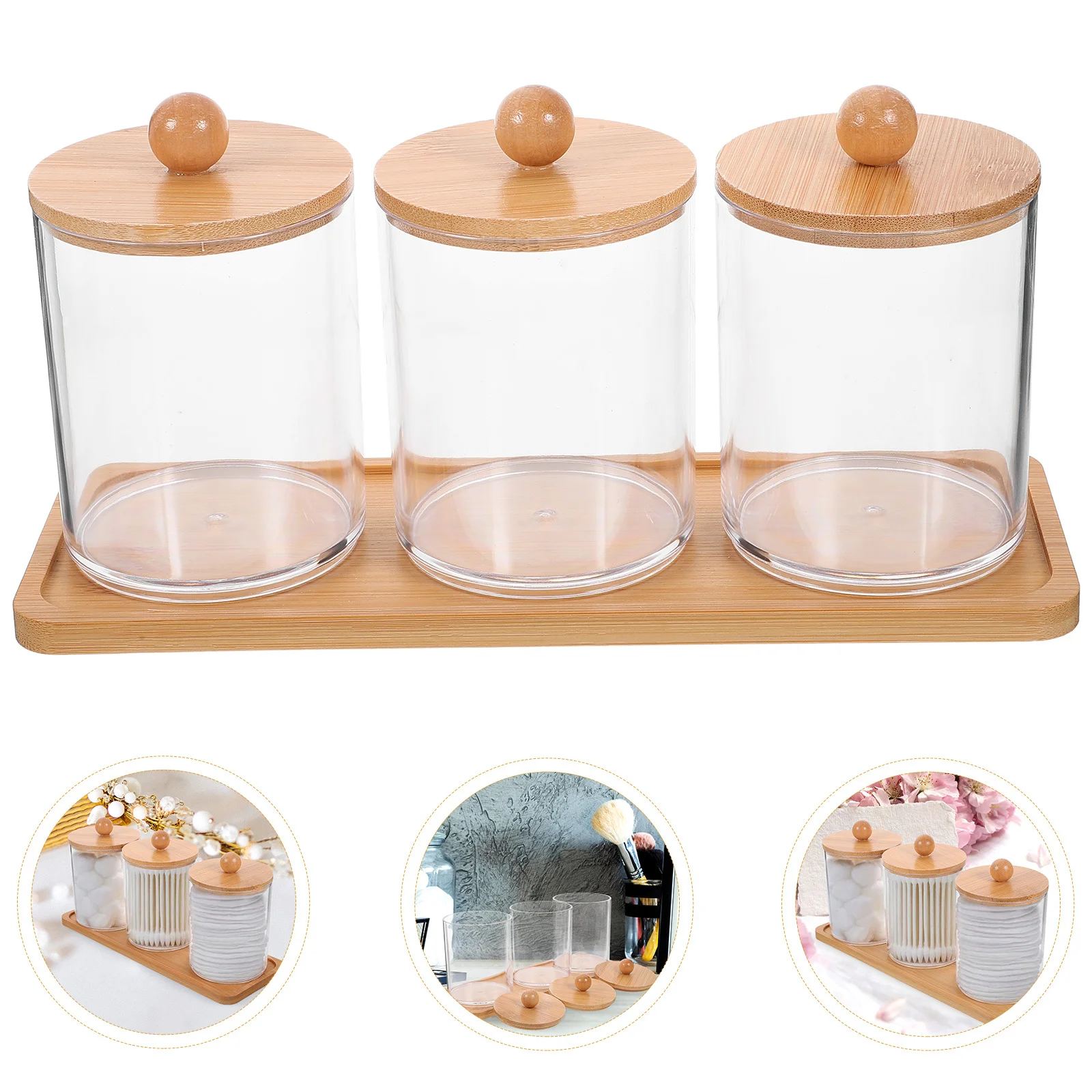 

1Set Cotton Swab Holder Makeup Storage Box Transparent Organizer Bamboo Lid Tray Bathroom Vanity Storage Jar Cotton Swab Holders