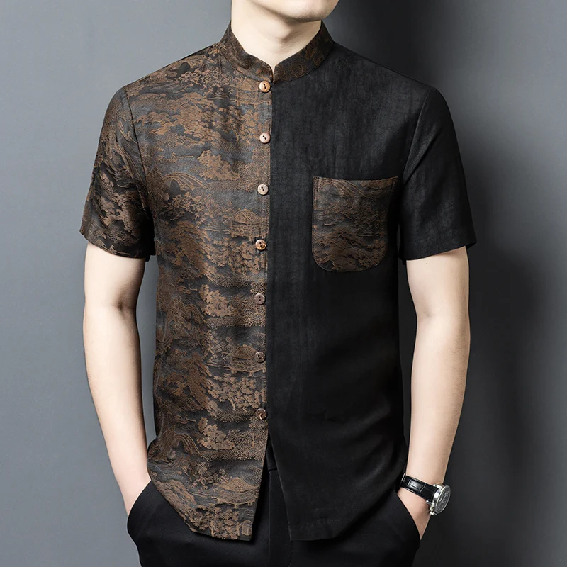 

Patchwork Silk 100% Shirts For Men Short Sleeve Premium Coolness Summer Quality Gambiered Canton Gauze Lightweight Chemise Homme