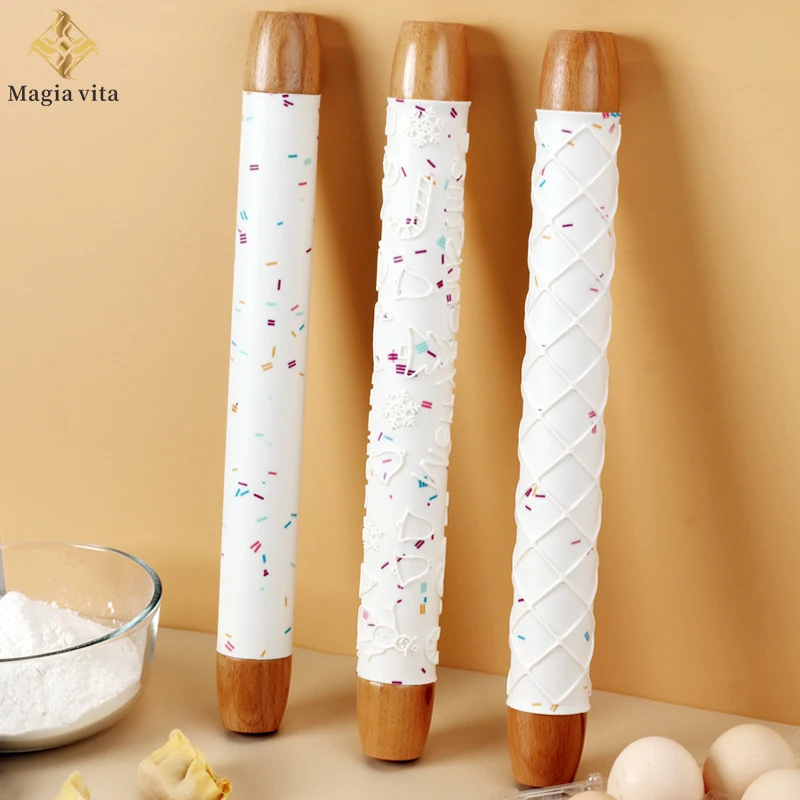 

Christmas Silicone Wooden Dough Fondant Rolling Pin Embossing Baking Pizza Pastry Biscuit Cookie Tool Kitchen Accessories Roller